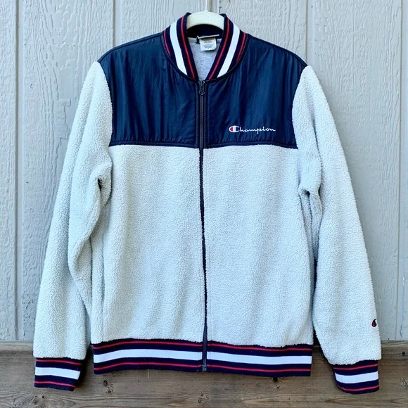 Champion sherpa color block jersey style zip up sporty jacket sweater - Picture 4 of 16